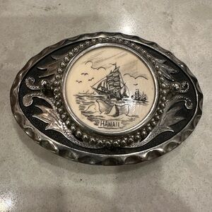 Vintage Hawaii Silver Belt Buckle Ship Whale Tail Michael Signature Ivory Hammer